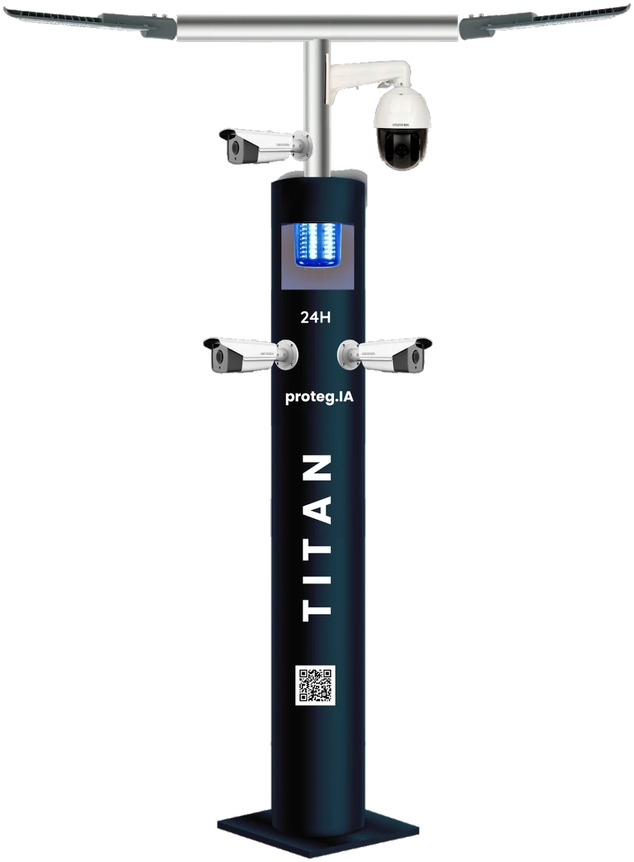 Totem Proteg.IA TITAN com mastro, luminárias, câmera PTZ e giroled azul aceso